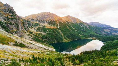 Morskie Oko (Deniz Gözü) gölünün muhteşem gündoğumu manzaralı dağ manzarası. High Tatras Ulusal Parkı, Polonya, Avrupa 'da muhteşem bir sabah manzarası. Doğanın güzelliği konsepti. Üst görünüm panoraması.