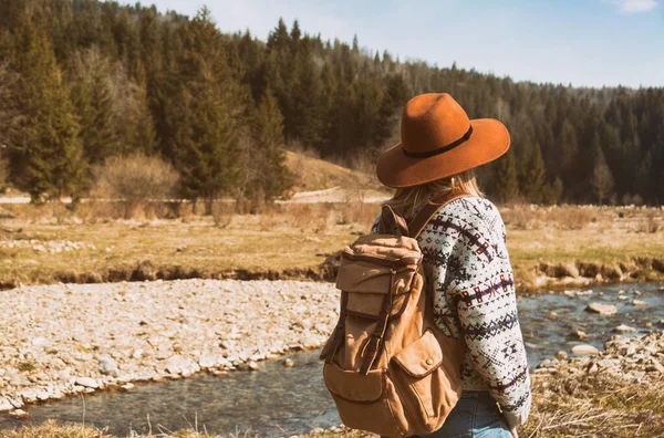 Stylish Hipster Wearing Brown Hat Wool Sweater Vintage Textile Backpack — Stock Photo, Image