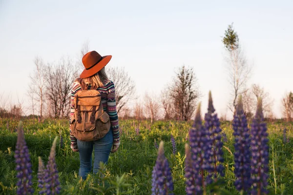 Femme Voyageuse Dans Nature Élégant Hipster Chapeau Marron Pull Style — Photo