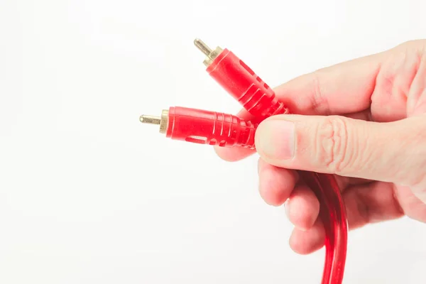 Hand Man Holding Rca Audio Cable White Background — Stock Photo, Image
