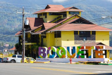 Boquete Panama, March 11 the tourist information of Boquete village welcomes visitors in the coffee hills of Northern Panama. Shoot on March 11, 2020 clipart