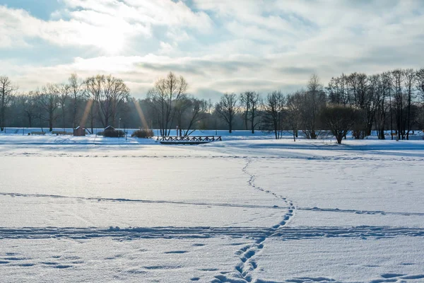 Donmuş bir gölün, karda, ayak izleri ile kış manzarası