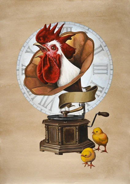 Rooster and gramophone.