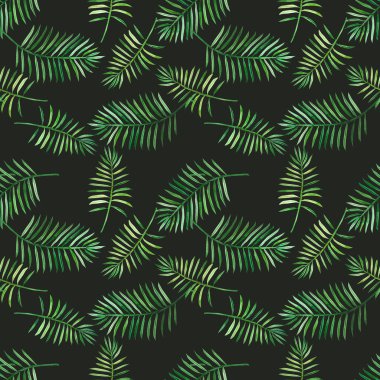 Koyu bir arka planda tropikal yaprakları olan kusursuz bir desen, hatıra defteri ve hediye paketi için mükemmel, ayrıca giysilerdeki parmak izleri için de uygun. Kağıda elle çizilmiş suluboya, dijital klipsleme. Yeşil Tropik Yapraklar, Canavar, Palmiye Yaprakları