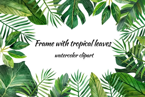 clipart watercolor frame with tropical leaves, perfect for page design in social networks, for printing invitations, for postcards. tropical leaves, jungle, hand drawing