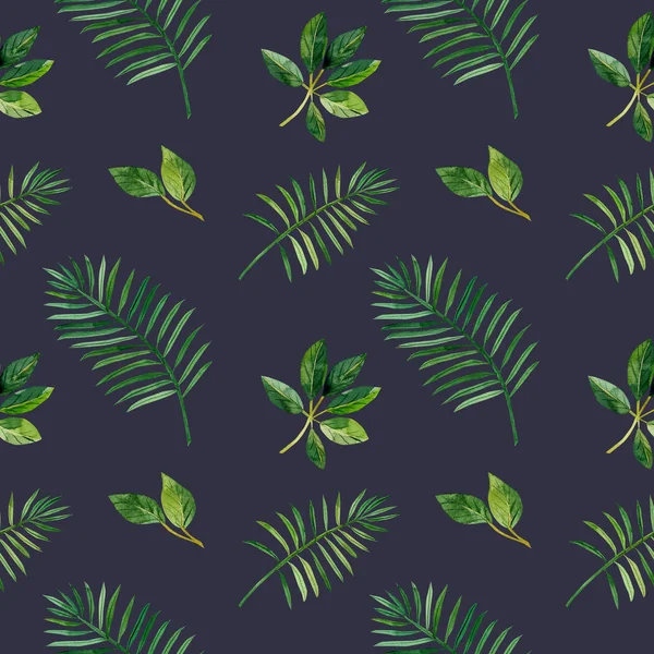 A seamless pattern with tropical leaves on a dark background, perfect for scrapbooking and gift wrapping, also suitable for prints on clothes. Hand-drawn watercolor on paper - digital clipart. Green Tropical Leaves, Monstera, Palm Leaves