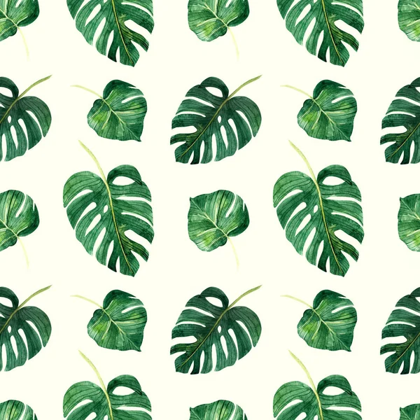 A seamless pattern with tropical leaves on a white  background, perfect for scrapbooking and gift wrapping, also suitable for prints on clothes. Hand-drawn watercolor on paper - digital clipart. Green Tropical Leaves, Monstera, Palm Leaves
