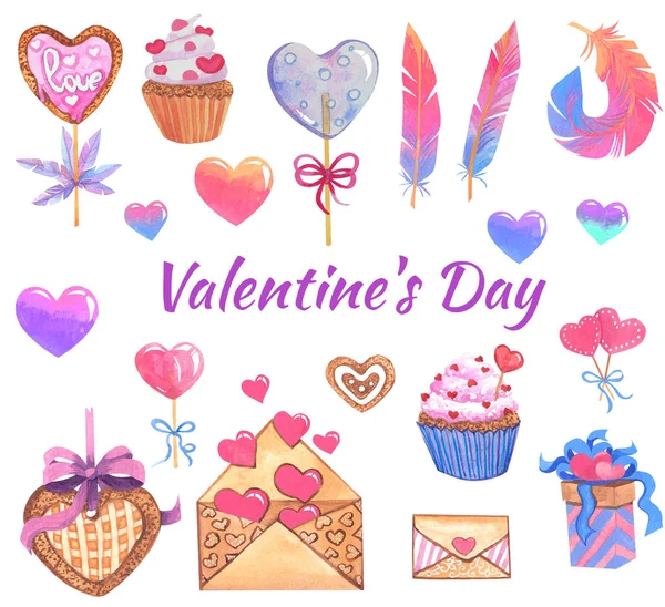 Conjunto Para Los Amantes Pintados Acuarela San Valentín Boda Aniversario —  Fotos de Stock