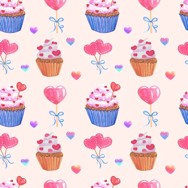 Sömlöst Mönster Med Cupcakes För Älskare Tryck För Älskare Digitalt — Stockfoto