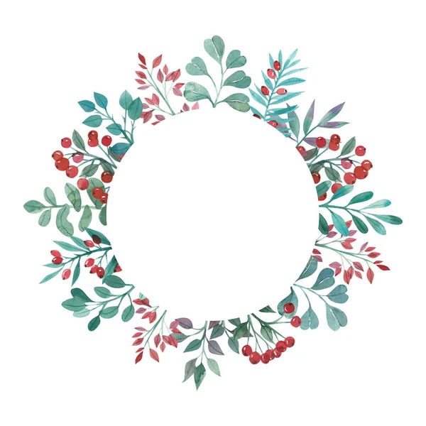 Watercolor Wreath Green Twigs Red Berries — Stock Photo, Image