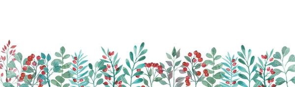 水彩画 绿色枝条和红色浆果制 春天植物制 — 图库照片