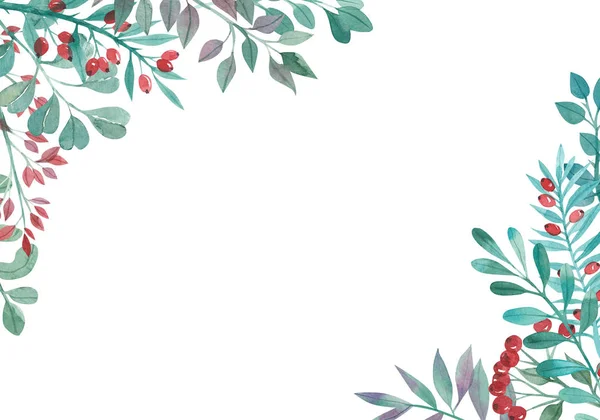水彩画 绿色枝条和红色浆果制 春天植物制 — 图库照片#