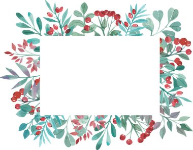 Yeşil dallardan ve kırmızı meyvelerden oluşan suluboya çerçeve, bahar bitkileri, yaz zamanı