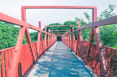 Metal yapı ile kırmızı köprü. Perspektif, uzun yaya geçidi satırlarında.