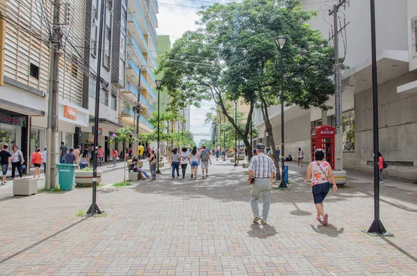 Londrina şehir. İnsanlar şehir merkezinde dükkanlar arasında.