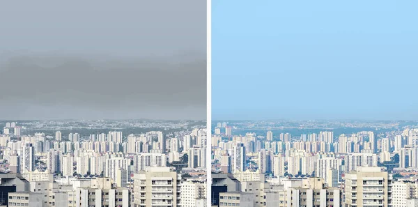Comparison of a polluted city and a clean city — Stock Photo, Image