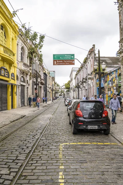 Downtown street with the tram rail, Santos SP — Stock Photo, Image