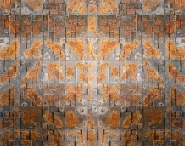 Paslı demir desenli kiremitlerden yapılmış beton duvar. Dekoratif duvar.