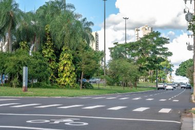 Dört şeritli tek yönlü cadde, çok az araba trafiği olan büyük ağaçlık cadde. Campo Grande MS, Brezilya 'da Fonso Pena Bulvarı.