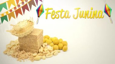 Festa Junina, geleneksel Brezilya Aziz John partisi. Fıstık şekerli animasyon, tuzlu fıstık atıştırmalıkları, renkli bayraklar ve balonlar. Portekizce Yazan Junine Party.