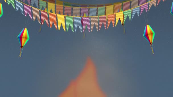 嘉年华朱尼娜动画 巴西圣约翰派对 星夜的背景是五彩斑斓的旗帜 火坑和气球 文字空间 Junine Party 用葡萄牙语写成 — 图库视频影像