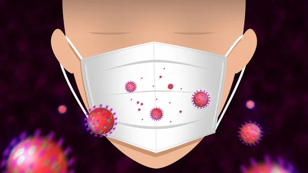 Illustration of an virus on the air being stopped by the surgical face mask of infect a human. Contaminated air, preventive mask. Concept of prevention of the coronavirus, covid-19.