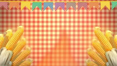 Festa Junina, animasyon geçmişi. Hasır şapka, renkli bayraklar ve şömine çukuru takan mısır koçanları ile süslenmiş. Brezilya Saint John Partisi. 