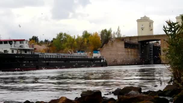 Het schip kwam uit vergrendeling compartiment en beweegt door het kanaal — Stockvideo