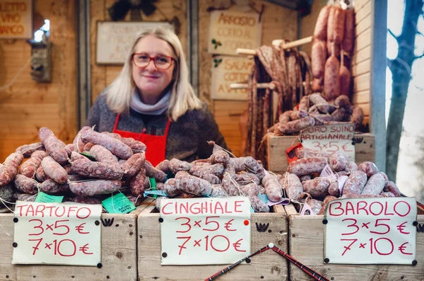 Govone Italy December 2019 Market Stall Italian Salami Seasoned Truffle — Stock Photo, Image