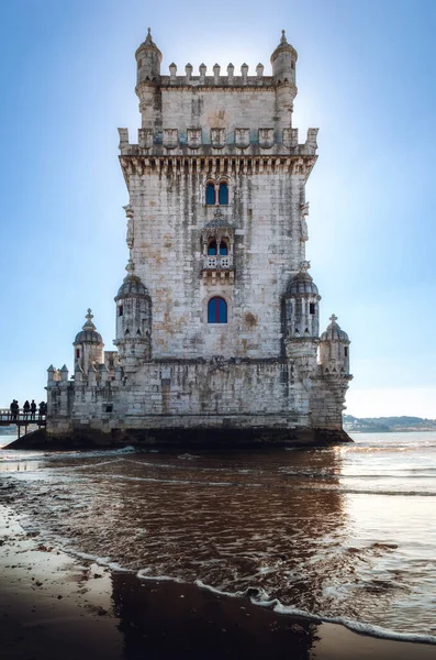 Olas Orilla Del Río Tajo Cerca Torre Belem Antiguo Bastión — Foto de Stock