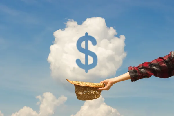 Mavi gökyüzü dolar işareti karşı bir hasır şapka tutan genç bir kızın elini