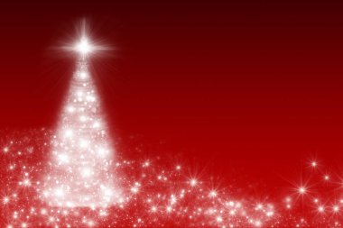 Beyaz Yıldız ve daire bokeh veya parlak ışık ile Noel ağacı parlayan. Kırmızı Festival arka plan