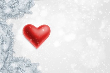 Noel Kutlamaları tasarım davetiye veya tebrik için. Ladin, çam, servi, sedir, köknar, ardıç. Merry xmas şablonu. Parçacık ve kırmızı daire ışıklar kalp kar veya bokeh