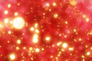 Altın daire glitter veya bokeh ışık ile kırmızı Noel arka plan. Yuvarlak altın ufuk parçacıklar