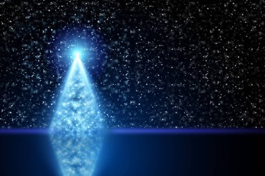 Güzel yıldız ve daire bokeh veya parlak ışık ile Noel ağacı parlayan. Festival arka plan mavi