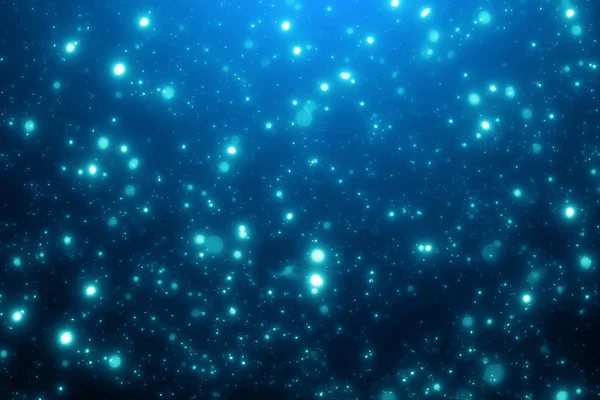 Bokeh et particules déconcentrées sur fond bleu abstrait. Joyeux modèle de Noël — Photo
