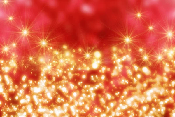 Oro bokeh o brillantini luci e rosso sfondo di Natale. Particelle rotonde oro — Foto Stock
