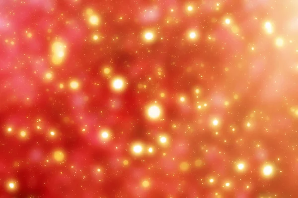 Wesoły czerwony świąteczny tło z Złotego światła bokeh z brokatem. Cząsteczki złota rozmyte — Zdjęcie stockowe