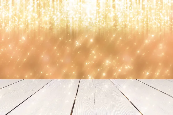 Natale sfondo astratto con bokeh rotondo dorato o cerchio luci glitter e tavolo bianco. Utilizzare per visualizzare o montare i vostri prodotti — Foto Stock