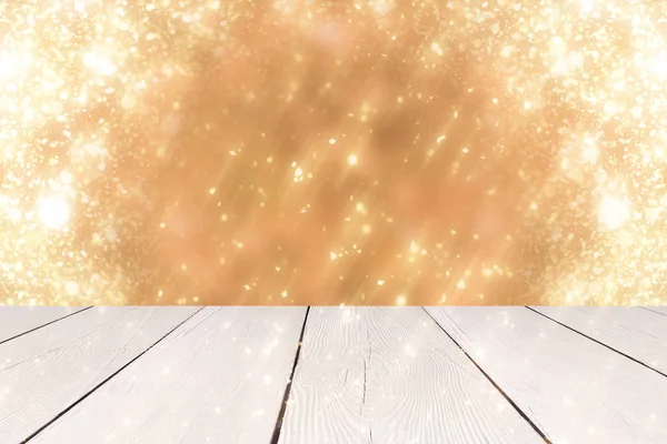 Weihnachten abstrakten Hintergrund mit goldenen runden Bokeh oder Kreis glitzern Lichter und weißen Tisch. Verwendung zur Darstellung oder Montage Ihrer Produkte — Stockfoto