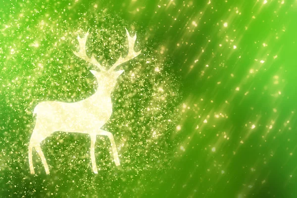 Green Christmas Background with Golden Reindeer  or bokeh lights. Round defocused particles. Fantasy gold deer