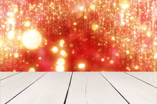 Altın daire glitter veya bokeh ışık ile kırmızı Noel arka plan. Yuvarlak altın ufuk parçacıklar — Stok fotoğraf