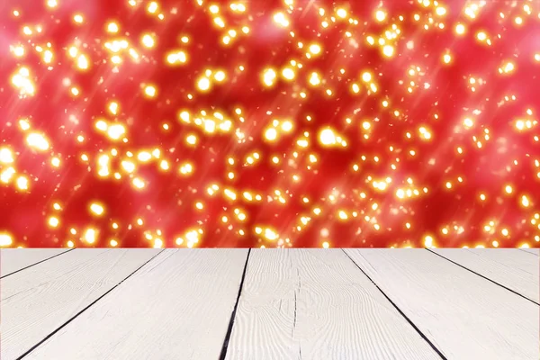 Sfondo rosso di Natale con cerchio d'oro brillantini o luci bokeh. Oro rotondo particelle sfocate — Foto Stock