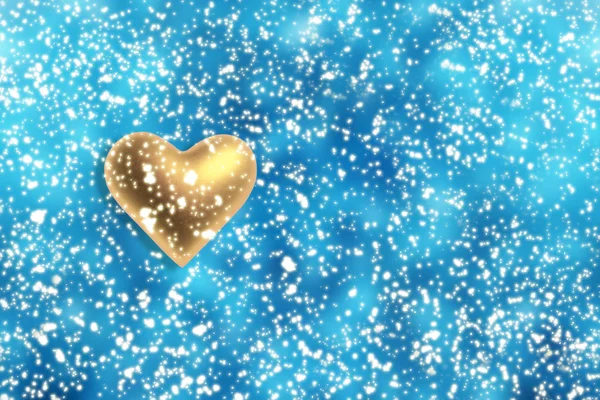 Fondo azul navideño con corazón dorado y luces de brillo o bokeh. Partículas redondas desenfocadas — Foto de Stock