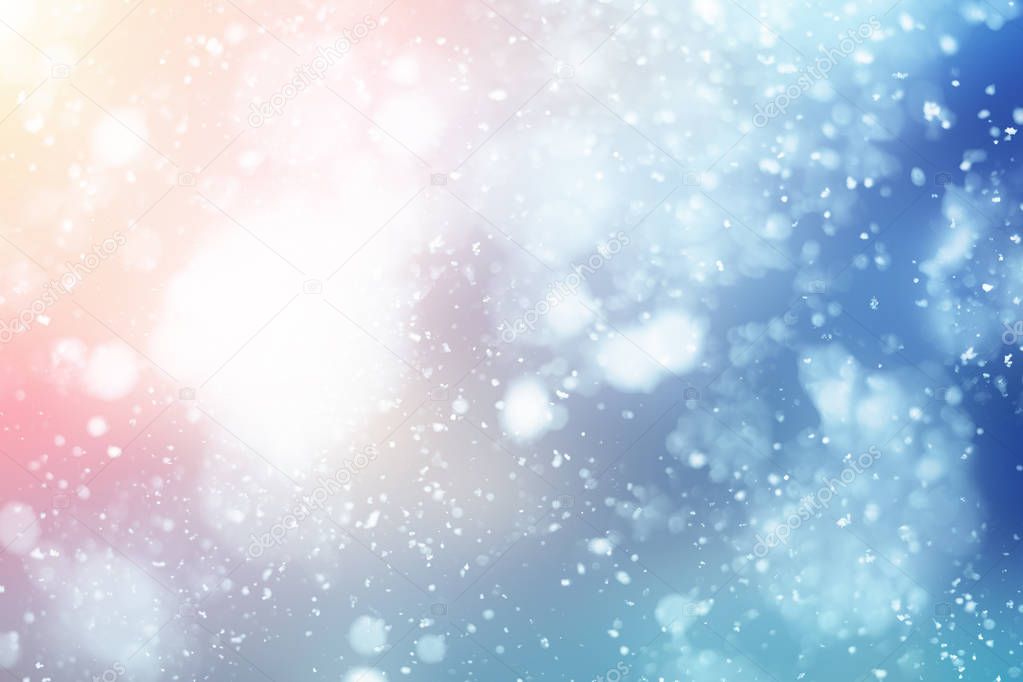 Abstract winter snow background.Christmas blue sky and sun