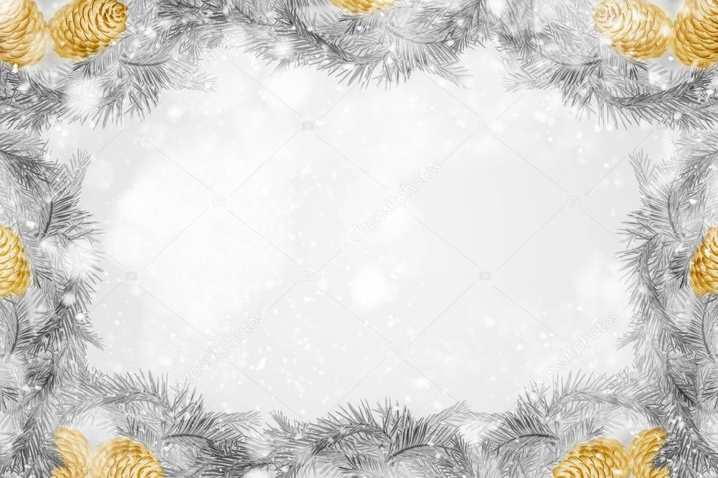 Christmas celebration design for invitation card or greeting. Silver and gold spruce, pine,cypress,cedar,fir, juniper. Merry xmas template. Snow or bokeh circle lights particle. White background