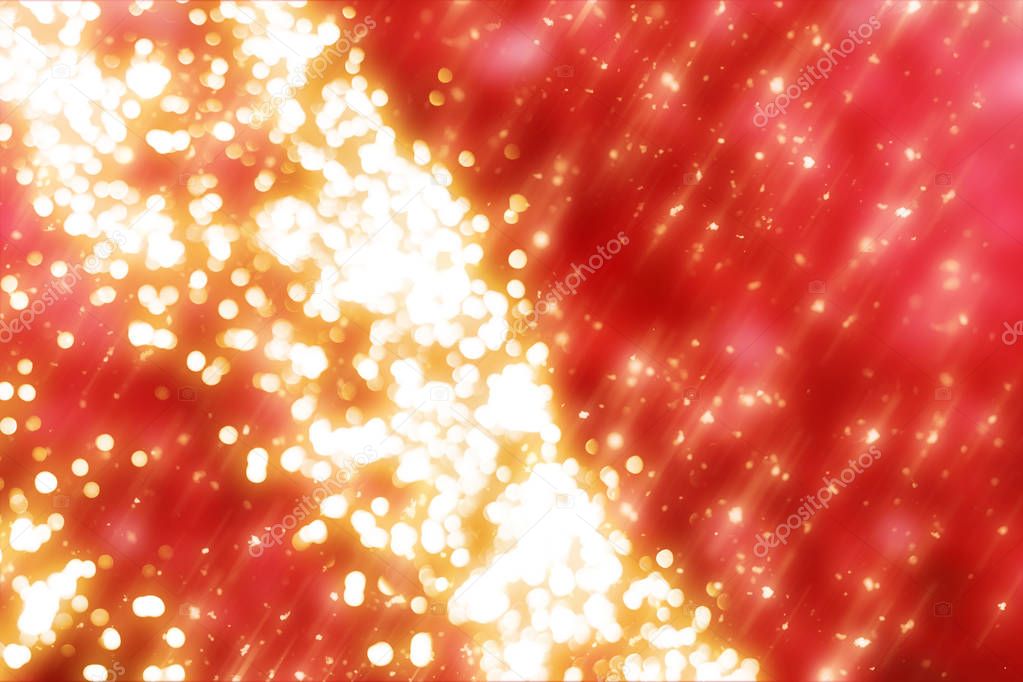 Red Christmas Background with Golden circle glitter or bokeh lights. Round gold defocused particles