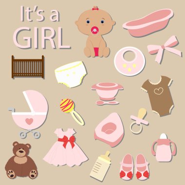 yeni doğmuş bir kız bakımı için bebek elemanları koleksiyonu. 