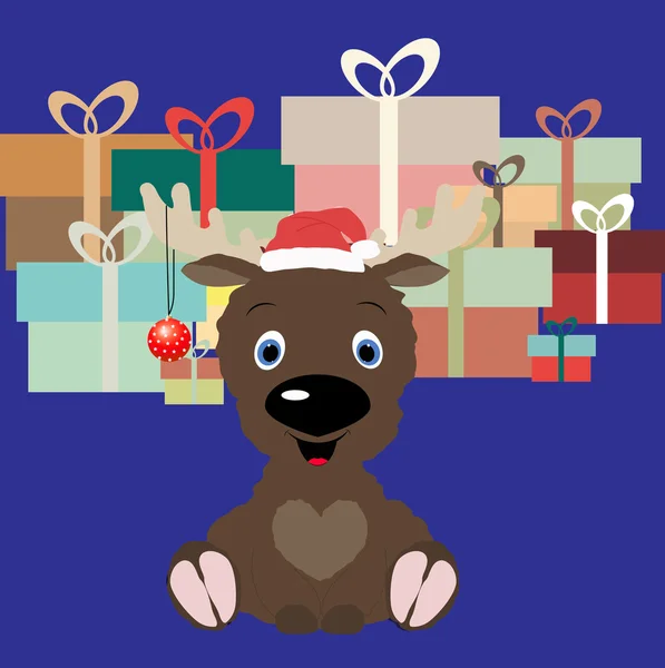 Rena com presentes de Natal. modelo de bebê cartão postal saudação . —  Vetores de Stock