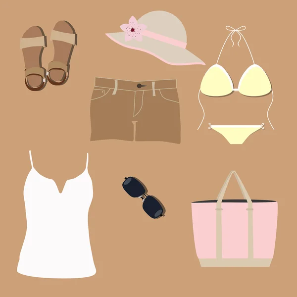 Set of women's summer clothes for the beach, — Stock Vector